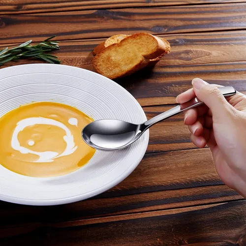 Vista 5 de KEAWELL Cucharas de sopa premium de 7.3 pulgadas con mango de gancho, juego de 4, acero inoxidable 18/10, cuenco profundo, perfectas para ramen
