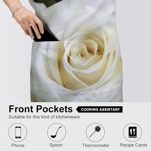 Vista 5 de MUSM White Rose Apron，Classic Vintage Funny with Pockets Aprons,Adjustable Bib Waterdrop Resistant for Kitchen Cooking Restaurant BBQ Painting