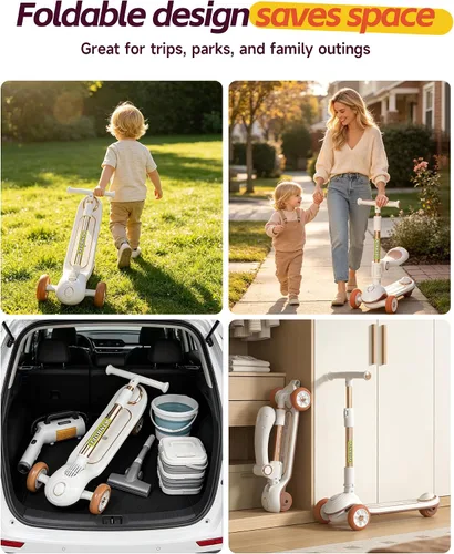 Vista 7 de Foldable Car-Themed 3 Wheel Kids Scooter, Light-Up, Ages 3-8 Blanco