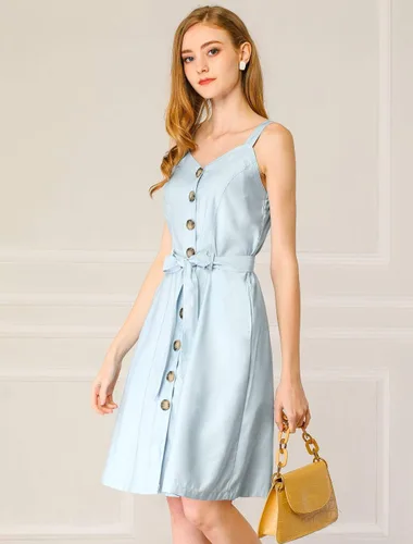 Vista 3 de Allegra K Vestido de tirantes delgados con cuello corazón y bolsillos con cinturón y botones en la parte delantera para mujer, Azul/claro