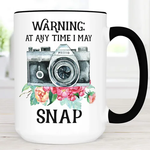 Vista 7 de Funny Photographer Mug – Warning I May Snap Camera Gift – Photography Coffee Cup for Photo Lovers or Hobbyists – 11oz or 15oz – White or Black Handle