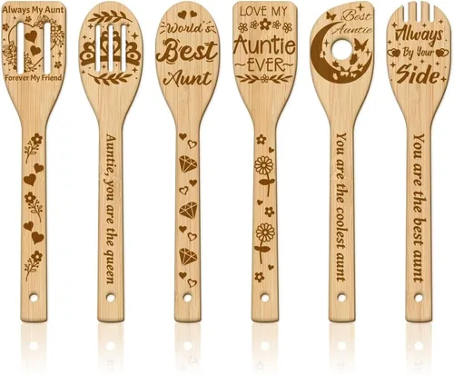 GLOBLELAND Juego de 6 cucharas de madera para tía y tía, juego de utensilios de cocina de bambú para tallar, espátulas de cocina grabadas de madera