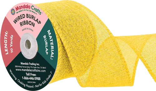 Vista 148 de Mandala Crafts Cinta de arpillera amarilla con alambre para corona, cinta de arpillera amarilla de yute natural rústico de 2 pulgadas de ancho, 10