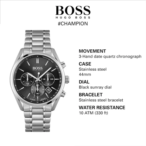 Vista 5 de BOSS Reloj de cuarzo para hombre con correa de acero inoxidable, plateado, 22 (modelo 1513871), plateado, Reloj de cuarzo