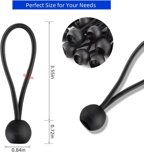 Vista 2 de Paquete de 20 cuerdas elásticas negras con bola, cuerdas elásticas de lona elástica de 4 pulgadas, correas de amarre para camping, toldo, refugio