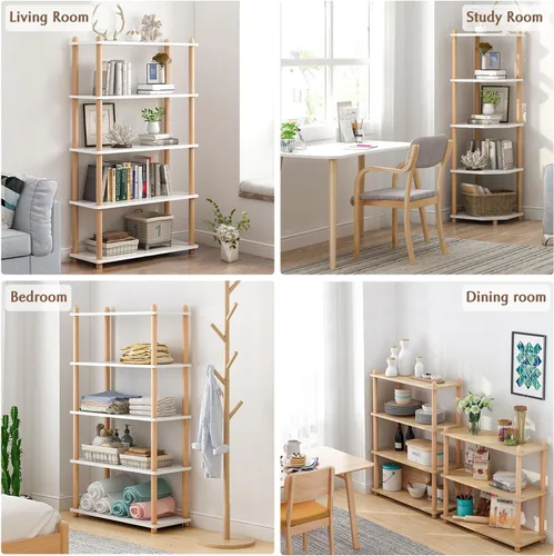 Vista 5 de IOTXY 4-Tier Wooden Shelf Bookcase - Modern Open Bookshelf, Free Standing Storage Rack, Multifunctional Display Stand for Home and Office, Oak