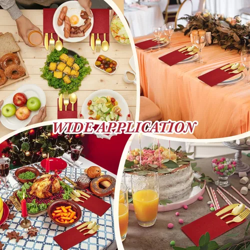 Vista 7 de Tioncy Juego de 100 cubiertos de plástico dorado con bolsillo integrado para cubiertos, desechables, 100 tenedores, cucharas, cuchillos y 100