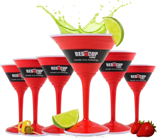 Vista 15 de Vasos de cóctel de plástico rojo reutilizables con tallo, 12 onzas, vasos únicos para fiestas, copas de champán duraderas, lindo vaso de tallo