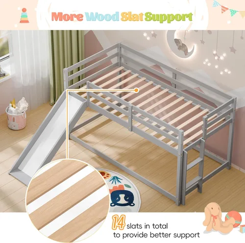 Vista 5 de MU Litera baja con tobogán, litera individual sobre individual, marco de cama de madera maciza con escalera de escalada y riel de protección