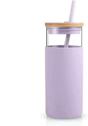 Vista 15 de Tronco Vaso de vidrio de 20 onzas con tapa y popote, taza de café helado y vaso para batido con tapas de bambú y funda protectora de silicona, apto