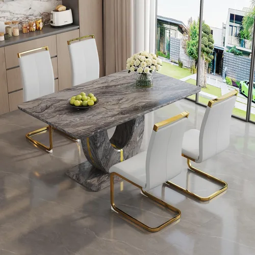 Vista 26 de JUFU Juego de mesa de comedor moderno para 4, juego de mesa de cocina rectangular de 63 pulgadas con mesa de mármol sintético y 4 sillas tapizadas
