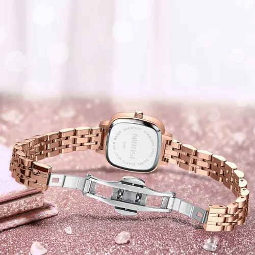 Vista 3 de NIBOSI Reloj analógico cuadrado con esfera verde para mujer, elegante reloj de pulsera con diamantes de oro rosa con correa de acero inoxidable