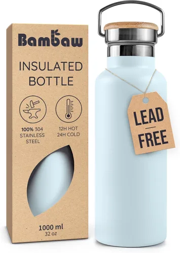 Vista 41 de Bambaw Botella de agua de acero inoxidable de 12 onzas, azul Egeo, 350 ml, de doble pared aislada, a prueba de fugas, apta para lavavajillas, sin BPA