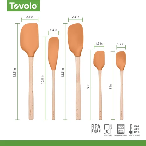 Vista 6 de Tovolo Juego de 5 espátulas de silicona con mango de madera, juego de utensilios de cocina de silicona, espátula, raspador, mini espátula y cuchara