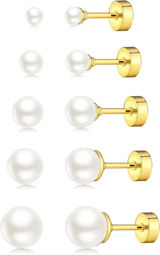 JINEAR 5 pares de aretes de tuerca para mujer, chapados en oro/plata de 14K, perla, aretes pequeños tipo bola, conjunto de piercing de cartílago 1