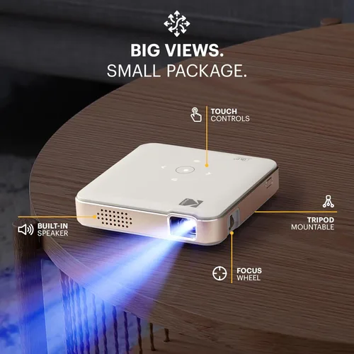Vista 4 de Kodak Luma 150 Mini proyector inalámbrico Pico, DLP, soporta 1080p, altavoz integrado y batería recargable, HDMI/USB/microSD, estuche de viaje