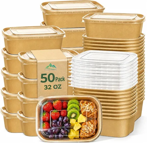 Vista 9 de Kaderron Paquete de 50 tazones de papel grandes de 20 onzas con tapas, contenedor compostable desechable resistente para fiestas, cuencos