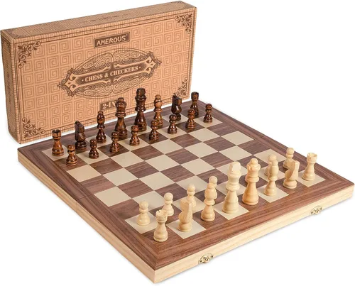 Vista 7 de AMEROUS Juego de ajedrez y damas de madera de 15", 2 juegos en 1 - 2 reinas extra - 24 piezas de damas - embalaje de regalo - ranuras