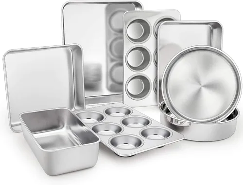 TeamFar Juego de 8 utensilios para hornear de acero inoxidable, moldes para horno tostador para hornear, molde para lasaña/cuadrado/redondo, molde