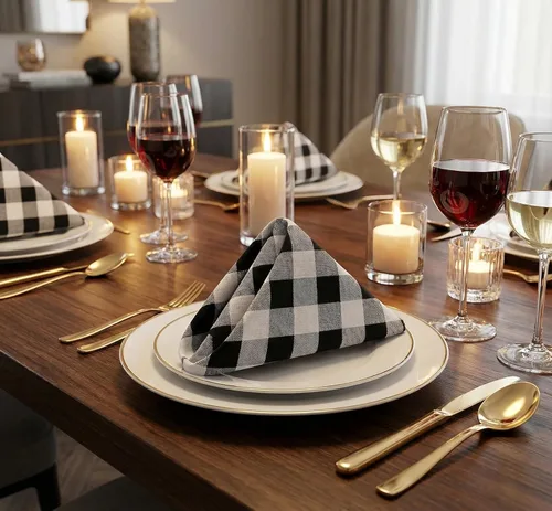 Vista 8 de Servilletas de tela reutilizables para cena en negro y blanco, juego de 12 servilletas de tela de algodón a cuadros de gingam de 16x16 pulgadas