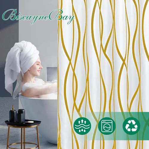 Vista 3 de Biscaynebay - Cortina de ducha extralarga de tela texturizada de 72 x 72 pulgadas, cortinas de baño modernas de lino con rayas doradas impresas