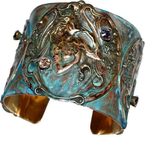 Elaine Coyne Collectible Artwear Pulsera Art Nouveau de latón con flores - Cristales auténticos, Cobre