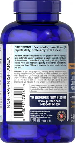 Vista 4 de Puritan's Pride Fórmula diaria de glucosamina, condroitina y MSM-3 por día de Puritan's Pride, Caplet, 480