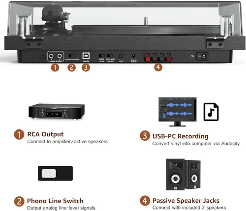 Vista 4 de Udreamer Tocadiscos de vinilo, giradiscos con altavoces de 40W, entrada y salida Bluetooth y grabación USB, tocadiscos LP vintage con cartucho