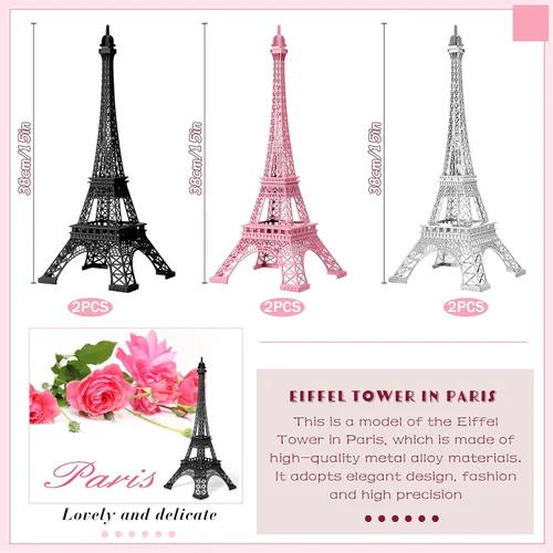 Vista 3 de Estatua de la Torre Eiffel de 15 pulgadas, 6 piezas, de metal, modelo de torre Eiffel, centro de mesa temático de París con cuerdas de luz