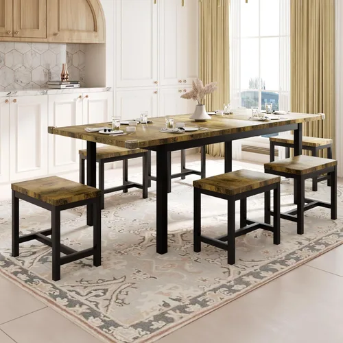 Vista 13 de Feonase Juego de mesa de comedor de 5 piezas para 4-8 personas, juego de mesa de cocina grande extensible de 63 pulgadas con 2 bancos y 2 taburetes