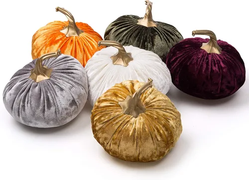 Ogrmar Juego de 6 calabazas de terciopelo hechas a mano, calabaza rellena súper suave con exquisita artesanía para decoración de otoño, Halloween,