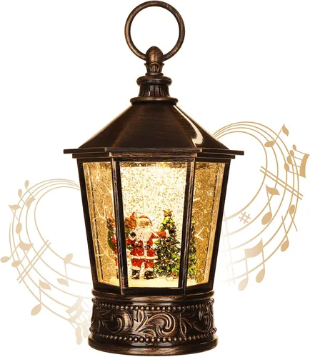 Vista 13 de Globo de nieve de aldea de Navidad, escena de Papá Noel volador iluminado, linterna musical de agua de nieve, linterna de Navidad con remolino