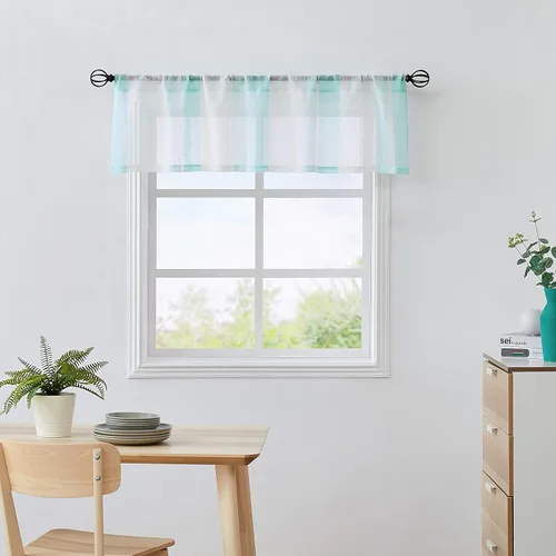 Vista 13 de Central Park Cortina Valance para Ventana de Cocina de Rayas Verticales Transparente Boucle de Lino Beige y Blanco, Paneles Rústicos Decorativos
