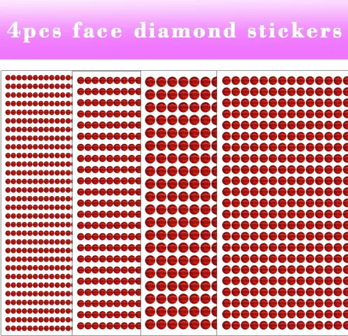 Vista 3 de 1799 piezas 4 hojas de pegatinas de diamantes de imitación 3/4/5/6 mm autoadhesivas para maquillaje de cara, ojos, cabello y cuerpo (Rojo-3/4/5/6mm)