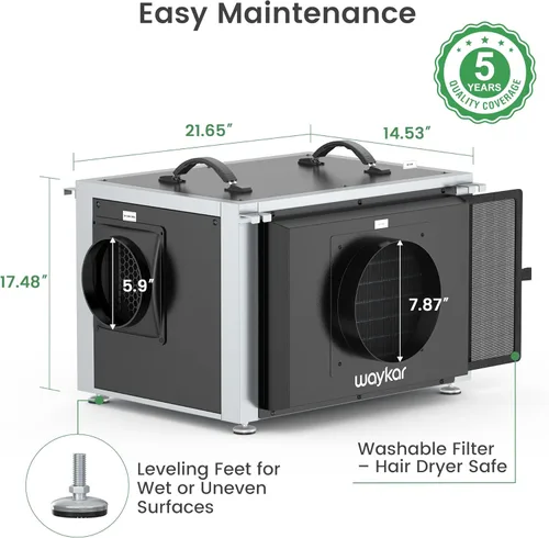 Vista 8 de Waykar Deshumidificador de espacio de arrastre de 125 pintas con control remoto y bomba, deshumidificador comercial de doble conducto HVAC para toda