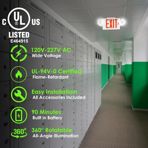 Vista 2 de Gruenlich Letrero de salida combinado LED, luz de emergencia con 2 cabezales ajustables y doble cara, baterías de respaldo, letra roja estándar