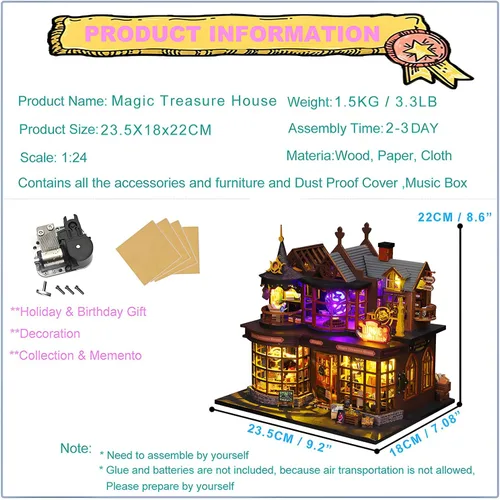 Vista 3 de Roroom Kit de casa de muñecas de bricolaje, kit de rincón de libro del tesoro mágico con caja de música y cubierta para el polvo, rompecabezas