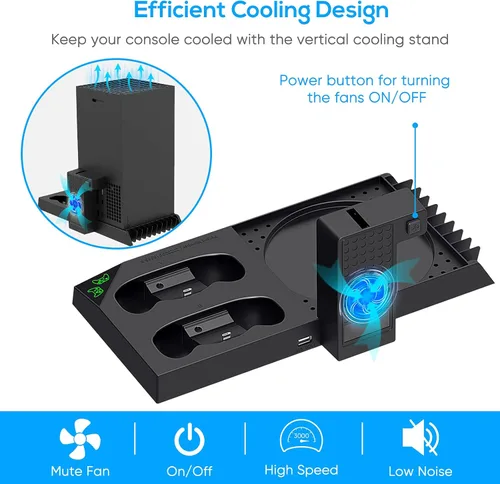 Vista 4 de YUANHOT Soporte de refrigeración vertical compatible con Xbox Series X estación de carga con batería recargable de 1400 mAh y puertos de cargador