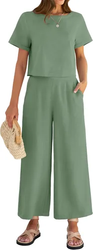 ZESICA Conjunto de 2 piezas para mujer, camiseta corta de lino de manga corta y pantalones de cintura alta a juego, ropa de moda 2023