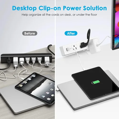 Vista 2 de Regleta de alimentación de 3 tomas de corriente alterna para escritorio, estación de alimentación de carga USB, enchufe central de alimentación
