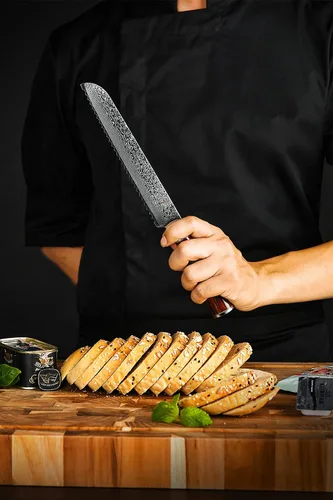 Vista 7 de FANTECK Cuchillo de pan, cuchillo de cocina dentado de 8 pulgadas, VG10 Damascus Pro de acero inoxidable de alto carbono de 67 capas para pan