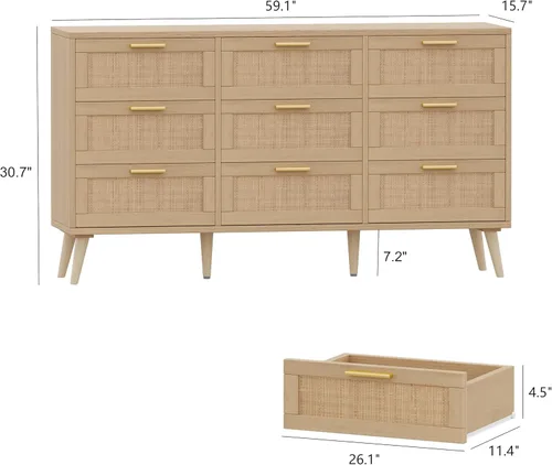 Vista 80 de Rovaurx Cómoda doble de 6 cajones para dormitorio, cómoda de ratán, cómoda de madera moderna con asas doradas, mesa auxiliar para armario, sala