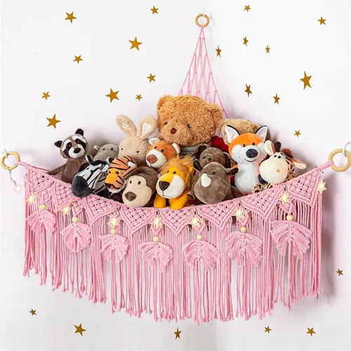 Vista 9 de ANROYE Hamaca de Red de Juguetes de Animales de Peluche de Macramé con Luz de Estrella, Almacenamiento Boho de Peluches Pequeños para Guardería