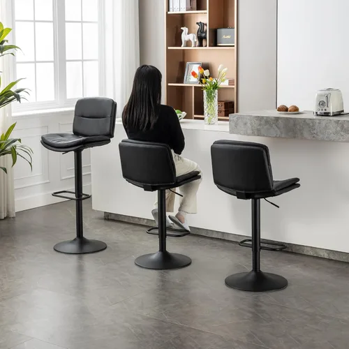 Vista 35 de Juego de 3 taburetes de bar giratorios tapizados de doble capa con respaldo, taburete de bar ajustable de 24 a 32 pulgadas, taburetes de bar de piel