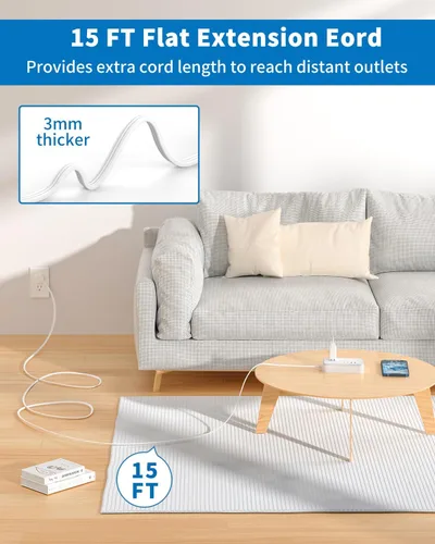 Vista 3 de Cable de extensión plano de 10 pies y 15 pies, regleta protectora de sobretensiones con 6 tomas amplias, 4 puertos USB (2 USB C), enchufe plano