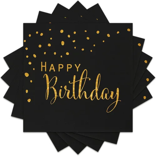 DYLIVeS Servilletas de feliz cumpleaños, servilletas de papel de aluminio negro y dorado, servilletas de papel desechables para cena, picnic,