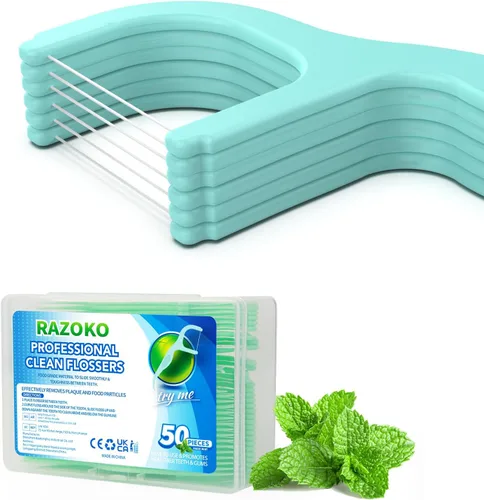 Vista 4 de RAZOKO Púas de hilo dental extra fuerte, palillos de dientes de menta fresca, 200