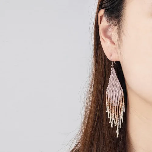 Vista 5 de Native - Aretes de borla con cuentas bohemios, hechos a mano, con flecos, para mujer