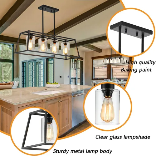 Vista 7 de Candelabros negros de granja para comedor, lámpara rústica de isla de cocina, lámpara colgante lineal de 4 luces, isla de cocina con pantalla