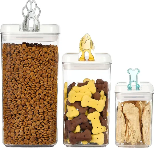 Felli Flip Tite Contenedor de comida para mascotas con tapas herméticas, recipiente acrílico libre de BPA con asas de hueso de pata de pescado